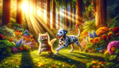 A ginger kitten and a Dalmatian puppy chasing each other in a sunlit garden. The setting is bright and vibrant, with blooming flowers and lush greenery.