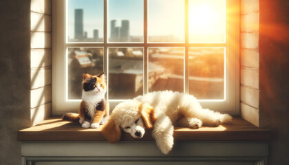 A calico kitten and a cream poodle puppy are stretched out on a sunny windowsill. Both animals are enjoying the warmth of the sun while the city skyline is visible against a soft background.