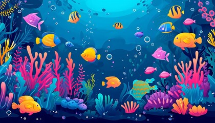 Fototapeta na wymiar Colorful illustration of vibrant marine life showcasing tropical fish, coral reefs, and underwater plants in a lively ocean scene. Generative AI
