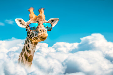 A giraffe wearing sunglasses against a blue sky with clouds is a humorous and stylish depiction of wildlife. Copy space. - 793580584