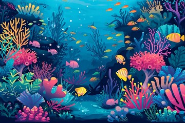Fototapeta na wymiar Colorful illustration of vibrant marine life showcasing tropical fish, coral reefs, and underwater plants in a lively ocean scene. Generative AI