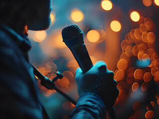 The singer's hand in focus as they grasp the microphone, surrounded by the blurred brilliance of...