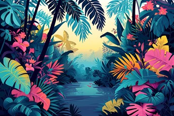 Fototapeta na wymiar Lush tropical jungle illustration with dense foliage, vibrant hibiscus flowers, and distant misty mountains, evoking a sense of exploration. Generative AI