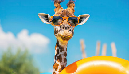 A giraffe wearing sunglasses and a pink float in the ocean by AI generated image
