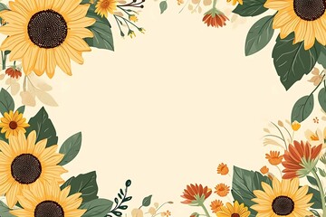A charming illustration of blooming sunflowers with lush green leaves, set against a soft, neutral background. Generative AI - obrazy, fototapety, plakaty