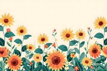 A charming illustration of blooming sunflowers with lush green leaves, set against a soft, neutral background. Generative AI