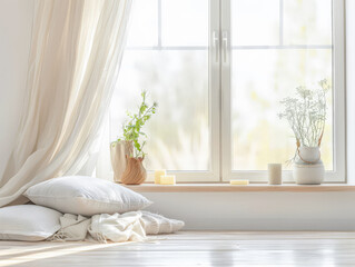 Minimalist room interiors home decor in warm tones and filled with natural light.