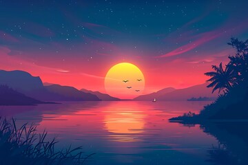 A serene twilight scene over a calm lake, with the sun setting behind mountains under a starry sky, and a lone sailboat in the distance. Generative AI - obrazy, fototapety, plakaty