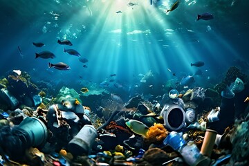 undersea or ocean bottom full of garbage and plastic waste as wide banner for environmental and recycle concepts.