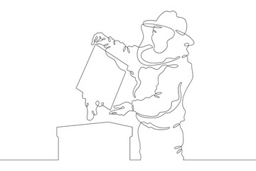 Beekeeper at the apiary. The beekeeper extracts honey. A man in a protective suit takes out a honeycomb. One continuous line . Line art. Minimal single line.White background. One line drawing. 