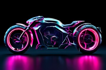 Futuristic Generic motorcycle concept design with colorful neon ambiance on black background.