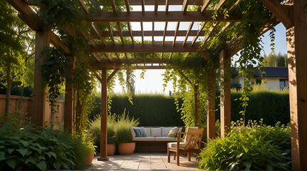 White canvas gazebo with wooden garden furniture in a summer green lawn.. Genrative.ai 
