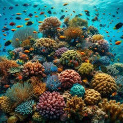 Naklejka na ściany i meble Corals and fish in the sea