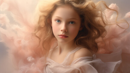 Serene girl with golden curls enveloped in a delicate peach haze, exuding elegance