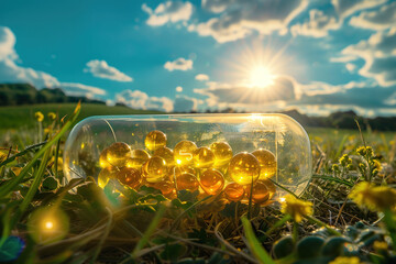 Vitamin D concept with capsules over a sunny landscape. Generated AI.