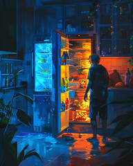 Detailed illustration showing a fridge open at night, with a sneaky character grabbing snacks, highlighted by the light from the fridge - obrazy, fototapety, plakaty