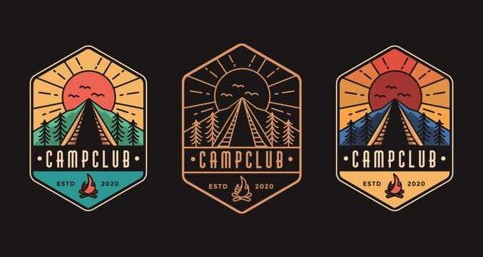 Vintage badge emblem Camping outdoor landscape logo icon vector template on black background