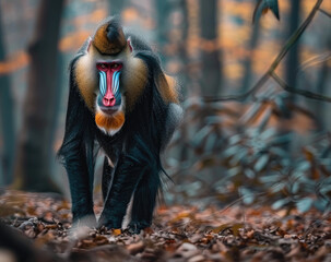A photo of an elegant Mandrill standing in the forest, with its striking red and white face paint, showcasing long black fur on his back and tail