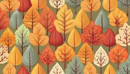 a digital background pattern featuring autumnal trees with detailed, realistic leaves in a range of reds, oranges, and yellows, creating a warm and cozy atmosphere