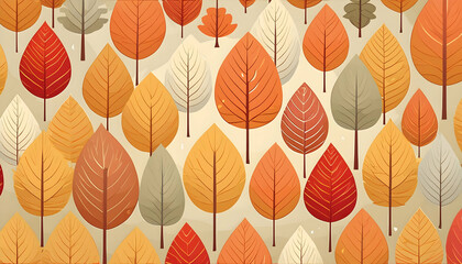 a digital background pattern featuring autumnal trees with detailed, realistic leaves in a range of reds, oranges, and yellows, creating a warm and cozy atmosphere