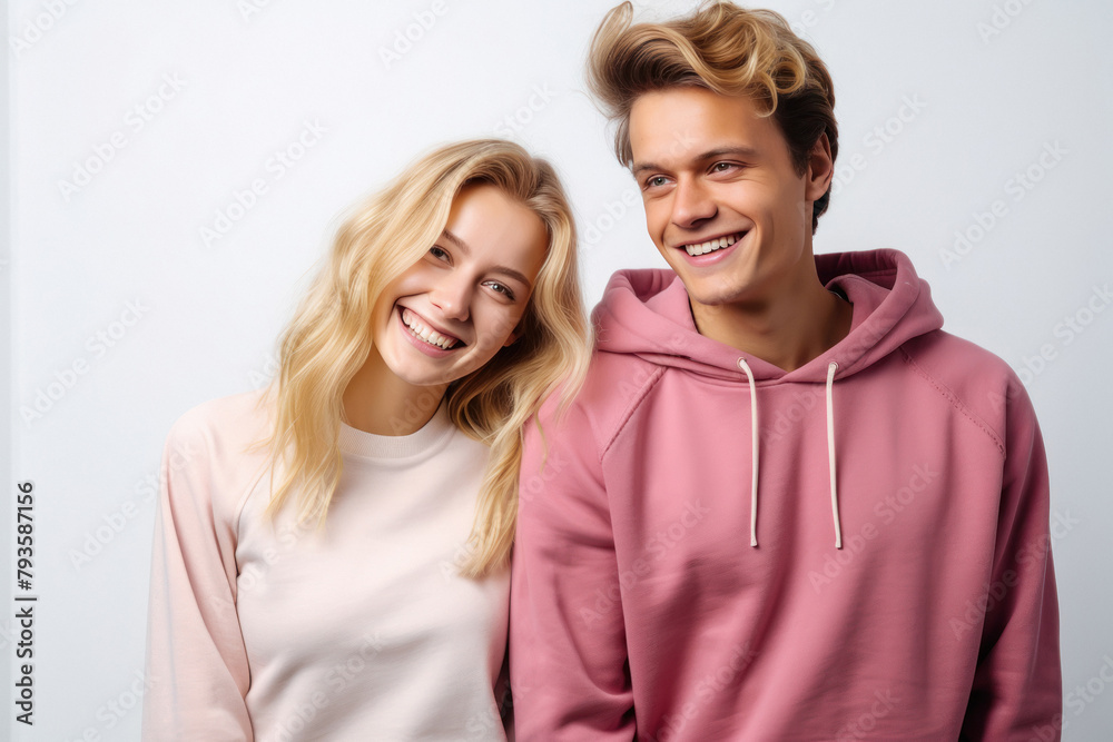 Wall mural Young couple wearing sweatshirt on white background