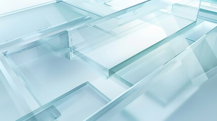 Fototapeta premium A sleek and modern abstract pattern of overlapping transparent glass panels in shades of frosty blue and clear white.