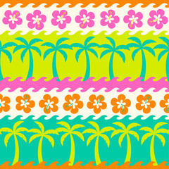 Fototapeta na wymiar Colorful hibiscus and palm tree seamless pattern with wave striped background design for summer holidays concept.