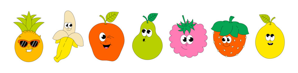 Summer Fruits. Retro groovy sticker and patch. Comic characters strawberry, lemon, banana, apple, pineapple, pear, raspberry. Vector illustration.