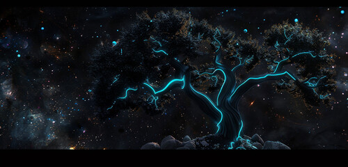 A love tree with black leaves and glowing neon blue veins against a cosmic black background, representing love's enduring mystery.