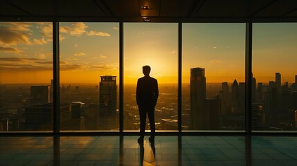 Fototapeta na wymiar a business person standing in a high-rise office with floor-to-ceiling windows overlooking a sprawling city skyline