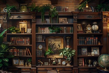 a cozy and detailed library wall, filled from floor to ceiling with wooden shelves densely packed with books