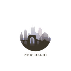 New Delhi cityscape, gradient vector badge, flat skyline logo, icon. India capital city round emblem idea with landmarks and building silhouettes. Isolated graphic