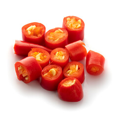 sliced red hot chili peppers isolated on a white background