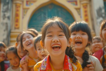 Unidentified Thai students are happy and smile to the camera at Wat Arunachal Pradesh, Thailand.