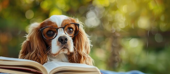Dog with glasses reads a book on a blurred background with space for text.