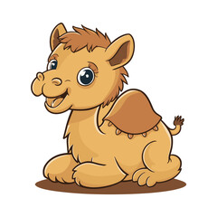 A flat cartoon illustration of a happy baby camel, illustration