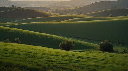 Panoramic landscape with beautiful green hills and warm sunshine illuminating the fields.generative.ai 