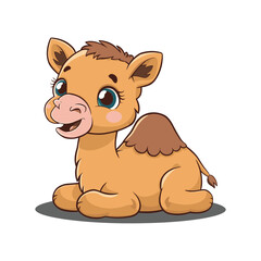 A flat cartoon illustration of a happy baby camel, illustration