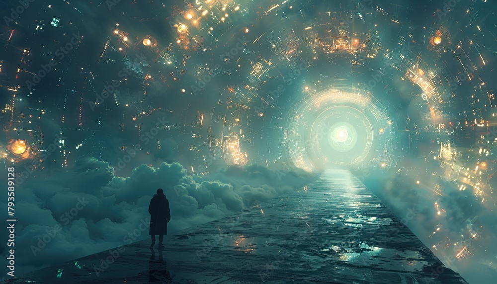 Wall mural a person is walking down a long, dark tunnel with a glowing light at the end by ai generated image
