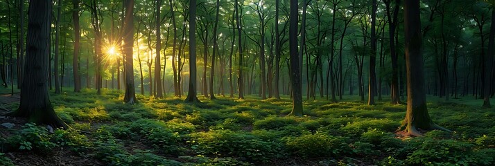 sunlit forest with emphasis on the bright green underbrush basking in the filtered sunlight