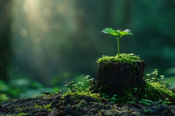a young tree sprouting from an old stump in the heart of a mystical forest