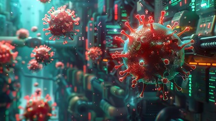 A computer generated image of a virus with a red and green background