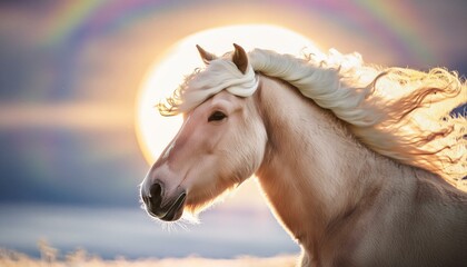 horse with a big, puffy hairdo, surrounded by a halo of light, in a heavenly setting."
