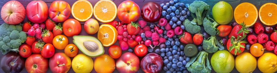A stunning display of assorted fruits and vegetables arranged in a gradient of colors, resembling a vibrant rainbow, against a grey background with high-key lighting.
