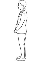 スーツを着て立っている若い男性のモノクロ線画イラスト