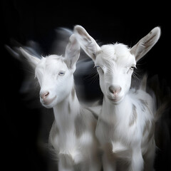 white Closeup of a baby mountain goat with its mother in a meadow isolated on dark background