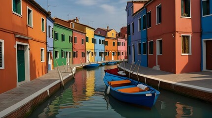 Fototapeta na wymiar Picturesque view of colorful Venetian houses lining a tranquil canal, boats moored along the waterfront under a clear blue sky.generative.ai 