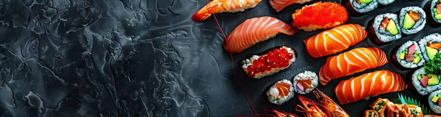 An exquisite arrangement of vibrant seafood delicacies including succulent salmon, juicy shrimp, tender mussels, and delectable sushi rolls, beautifully presented on a sleek dark slate background - obrazy, fototapety, plakaty
