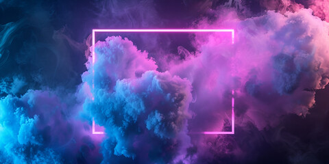 Glowing neon square frame with smoke in dark Product Stand blue pink violet neon square abstract background