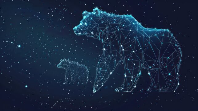 wireframe Ursa Major and Ursa Minor. Low poly constellation. Great Bear and Little Bear on MIlky Way on a starry sky AI generated